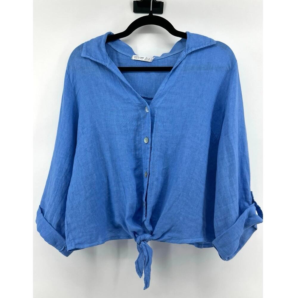 Women's 100% Linen Cropped Button Down Shirt Size L/XL Royal Blue Coastal Beachy